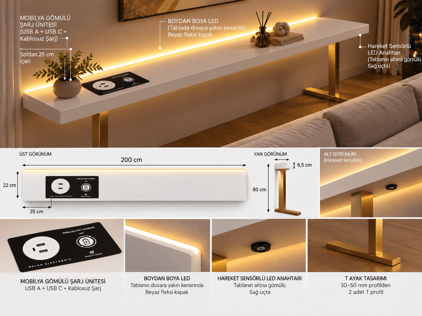Konsola gömülü USB-A ve USB-C bağlantı ünitesi